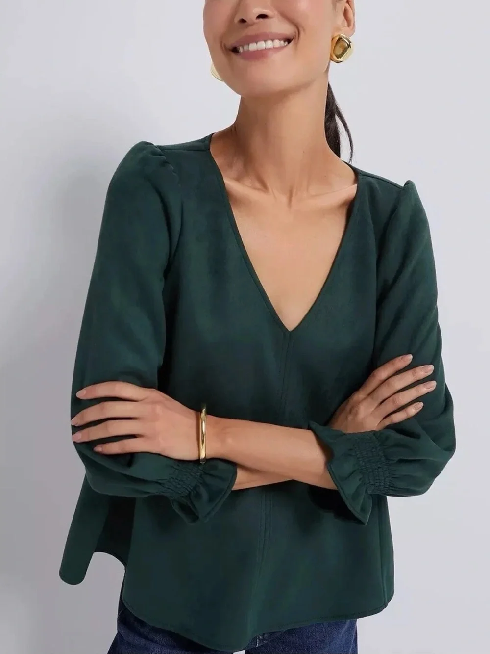 Tuckernuck Easton Ultra Suede Puff Sleeve Malachite V-Neck Swing Blouse Sz M